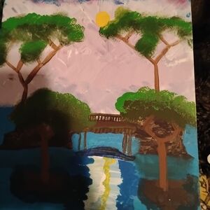 bridgeNicole Green, Blue & Yellow Serene Bridge Landscape